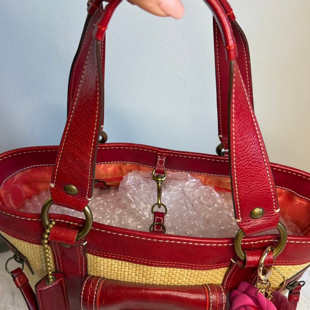 Vintage COACH y2k Red Natural Legacy Straw Tote Bag - Picture 5 of 13